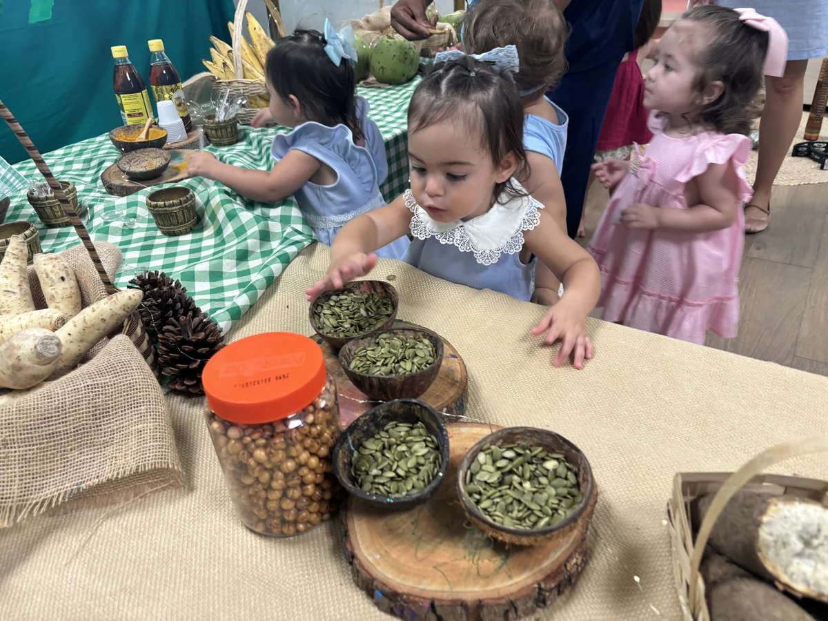 Mesa com elementos naturais para exploração sensorial